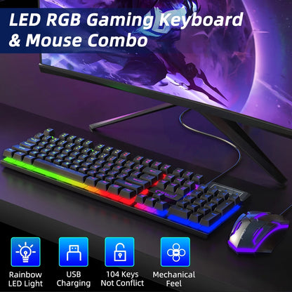Gaming Keyboard and Mouse Combo, RGB LED Backlit Wired Computer Keyboard, Rainbow Light up USB Keyboard with 26 Anti-Ghosting Keys for PC Gamer, Laptop, Office, Black