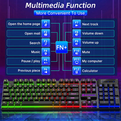 Gaming Keyboard and Mouse Combo, RGB LED Backlit Wired Computer Keyboard, Rainbow Light up USB Keyboard with 26 Anti-Ghosting Keys for PC Gamer, Laptop, Office, Black