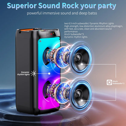 Bluetooth Speaker, Portable Party Speaker with 2 Microphones, DJ Lights for Outdoor and Home